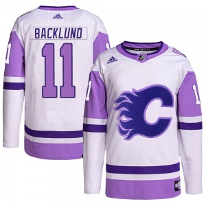 Youth Mikael Backlund Calgary Flames Adidas Authentic White/Purple Hockey Fights Cancer Primegreen Jersey