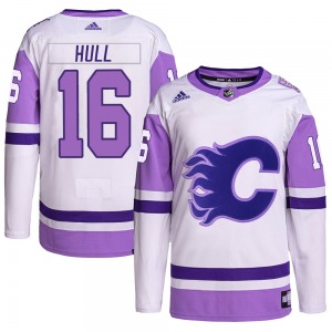 Youth Brett Hull Calgary Flames Adidas Authentic White/Purple Hockey Fights Cancer Primegreen Jersey
