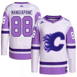 Youth Andrew Mangiapane Calgary Flames Adidas Authentic White/Purple Hockey Fights Cancer Primegreen Jersey