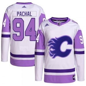 Youth Brayden Pachal Calgary Flames Adidas Authentic White/Purple Hockey Fights Cancer Primegreen Jersey