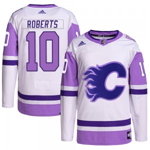 Youth Gary Roberts Calgary Flames Adidas Authentic White/Purple Hockey Fights Cancer Primegreen Jersey