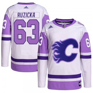 Youth Adam Ruzicka Calgary Flames Adidas Authentic White/Purple Hockey Fights Cancer Primegreen Jersey