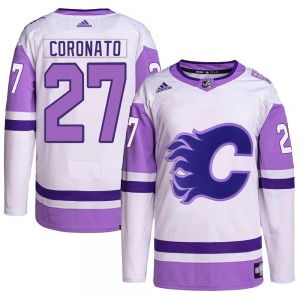 Matt Coronato Calgary Flames Adidas Authentic White/Purple Hockey Fights Cancer Primegreen Jersey