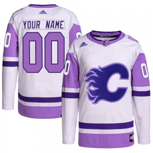 Custom Calgary Flames Adidas Authentic White/Purple Custom Hockey Fights Cancer Primegreen Jersey