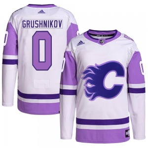 Artem Grushnikov Calgary Flames Adidas Authentic White/Purple Hockey Fights Cancer Primegreen Jersey