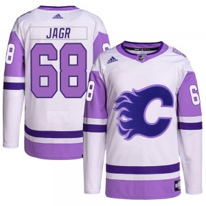 Jaromir Jagr Calgary Flames Adidas Authentic White/Purple Hockey Fights Cancer Primegreen Jersey