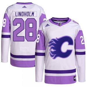 Elias Lindholm Calgary Flames Adidas Authentic White/Purple Hockey Fights Cancer Primegreen Jersey