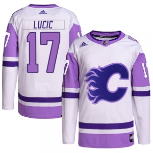 Milan Lucic Calgary Flames Adidas Authentic White/Purple Hockey Fights Cancer Primegreen Jersey