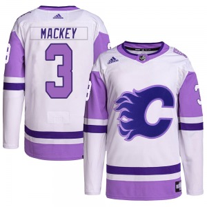 Connor Mackey Calgary Flames Adidas Authentic White/Purple Hockey Fights Cancer Primegreen Jersey