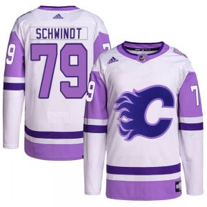 Cole Schwindt Calgary Flames Adidas Authentic White/Purple Hockey Fights Cancer Primegreen Jersey