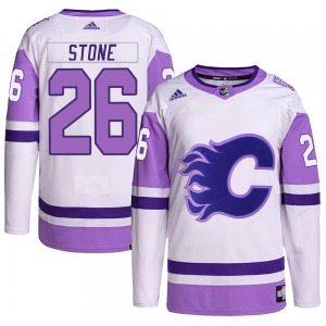 Michael Stone Calgary Flames Adidas Authentic White/Purple Hockey Fights Cancer Primegreen Jersey