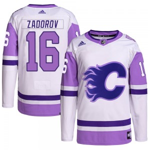 Nikita Zadorov Calgary Flames Adidas Authentic White/Purple Hockey Fights Cancer Primegreen Jersey