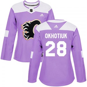 Women's Nikita Okhotiuk Calgary Flames Adidas Authentic Purple Fights Cancer Practice Jersey
